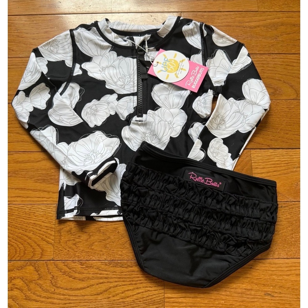 RuffleButts Girls 3T Rash Guard Swimsuit Set Black White Floral UPF 50+ NWT